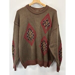 Vtg New River Geometric Sweater Men's XL 3D Knit Grandpa Core 80s Wool Blend